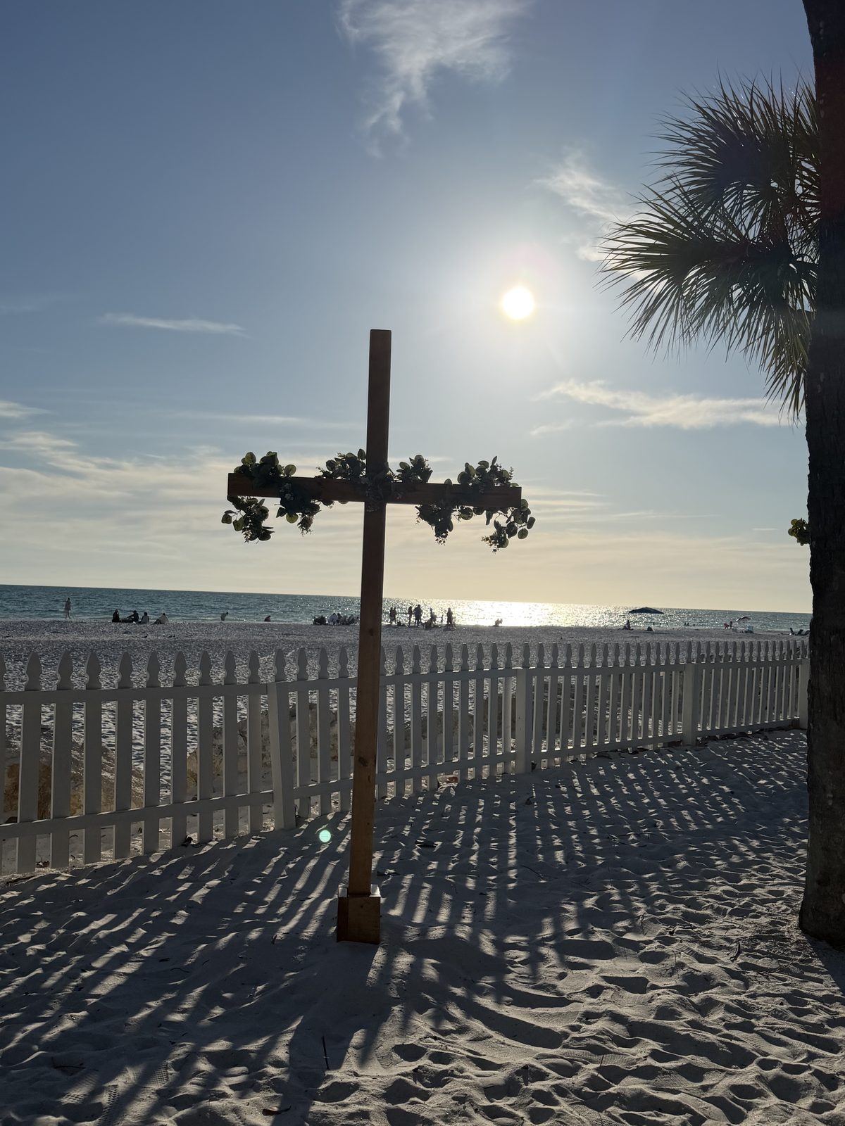 The cross dressed with eucalyptus, backlit by low sun over the Gulf